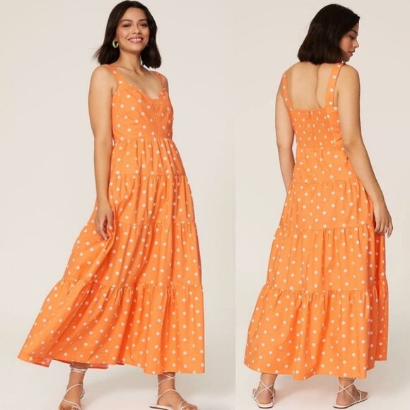 Color Me Courtney Polka Dot Tiered Maxi Dress Orange Size 2 Smocked Bohemian - Picture 2 of 13